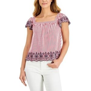 CHARTER CLUB Picnic Escape Red Barn Nautical Patriotic Summer Square Neck Top